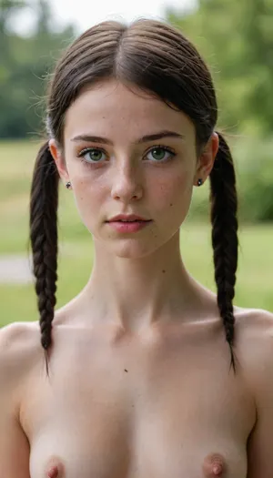 beautiful 18 years old, skinny face, petite body with black hair, pigtails, naked, green eyes with freckles, pale skinny body, earrings, nose ring