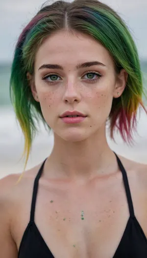 beautiful 18 years old, skinny face, under eye freckles, petite body with rainbow hair, pigtails at the beach, wearing black bikini, green eyes, supermodel, face, big, lips, <lora:Beautify-Supermodel-SDXL:.8>