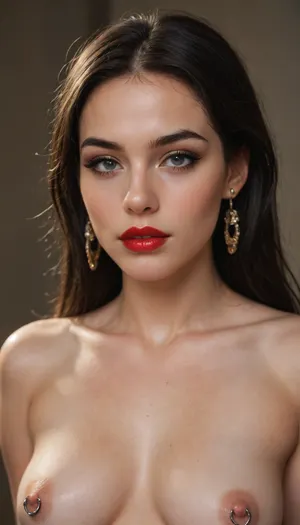 18y year old, long black hair, red lip gloss, black eyeliner, earrings, belly ring, nipple rings