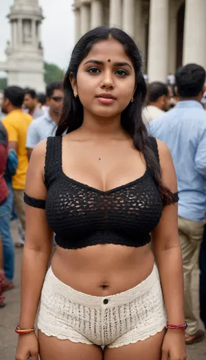 25 years old young beautiful shy indian bengali woman perfect curvy figure, enormous hanging boobs, black nipples, thick wide puffy lips little fat on belly, wearing a crochet blouse and a crotchet shorts standing outside crowded Victoria Memorial Hall in Kolkata, standing among the crowd, show the Accurate and entire Victoria Memorial properly behind her.