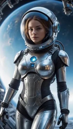 Female techno-astronaut in advanced chrome-plated exosuit, floating above a futuristic planet or orbiting space station. Helmet partially transparent showing cybernetic face. Blue glow, cold lighting, floating zero-gravity posture. High-tech cables and modules visible on the suit. Mood, isolated, intelligent, serene. Clean sci-fi art style, cinematic frame, 8K.