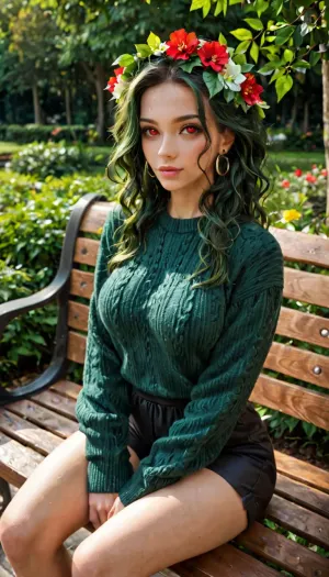 japanese woman, green skin, red eyes, leaves for hair, green leaves instead of hair, leaves growing on head, flower in hair, length hair, straight hair, woman wearing a sweater, woman wearing shorts, breasts fully covered, upper body view, sitting on a park bench, one woman, park background, full body view