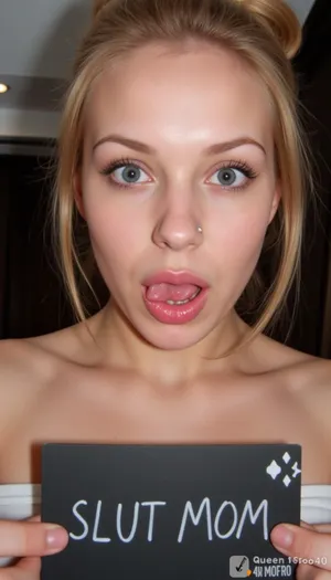 1girl, MILF, bimbo, whore, slut, slutty face, blond hair, hair is tied in a bun, lush hair, pink lipstick, large lips, duck lips, perfect face, detailed, ahegao, (rolling eyes), tongue, excessive cum, front view, cum on hair, clothed, white highlights, lust, passion, ecstasy, hold a sign on which it is written text "SLUT MOM", (mark "queen on spades":1), Ahegao, face, Tongue, out, Cross, eyed, 4h3g40, milf, <lora:Ahegao_flux:1>, <lora:MS_Milf_Style_V1_Flux:1>, amateurish, photo, low, lighting, in, motion, overexposed, underexposed, GoPro, lens, eerie, atmosphere, smeared, background, foreground, <lora:UltraRealPhoto:.8>