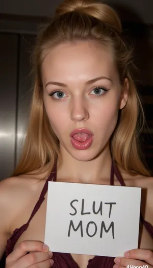 1girl, MILF, bimbo, whore, slut, slutty face, blond hair, hair is tied in a bun, lush hair, pink lipstick, large lips, duck lips, perfect face, detailed, ahegao, (rolling eyes), tongue, excessive cum, front view, cum on hair, clothed, white highlights, lust, passion, ecstasy, hold a sign on which it is written text "SLUT MOM", (mark "queen on spades":1), Ahegao, face, Tongue, out, Cross, eyed, 4h3g40, milf, <lora:Ahegao_flux:1>, <lora:MS_Milf_Style_V1_Flux:1>, amateurish, photo, low, lighting, in, motion, overexposed, underexposed, GoPro, lens, eerie, atmosphere, smeared, background, foreground, <lora:UltraRealPhoto:.8>