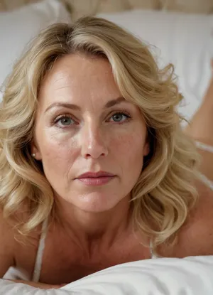 A pretty middle-aged woman in her mid-50s, with wavy blonde hair, delicate freckles across her nose and cheeks, and a few small, natural wrinkles around her eyes, radiating a warm and optimistic personality. laying in a bed with sex toys. wears white dessous.