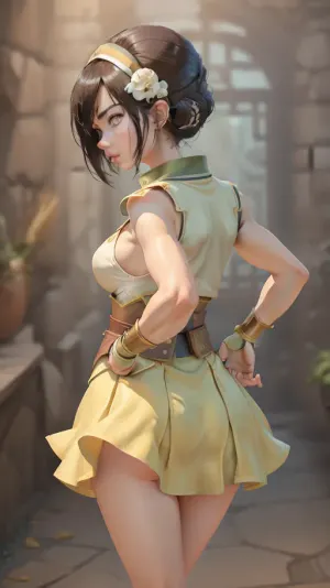 (masterpiece, best quality:1.2), full body, lyco, (atla_tophbeifong-10:1), cowboy shot, solo, 1girl, Super well build figure, toph beifong, blind, expressionless, short hair, hair bun, hairband, Lots of cleavage, grey eyes, (little_girl), School girls uniform, chara-sheet, masterpiece, best quality, (Front and back view), 360 degree view, (simple backgound), <lora:atla_tophbeifong-10:.5>, <lora:TOPH-V2:.5>, <lora:character-sheet-03:.7>