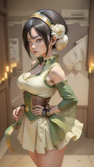 (masterpiece, best quality:1.2), full body, lyco, (atla_tophbeifong-10:1), cowboy shot, solo, 1girl, Super well build figure, toph beifong, blind, expressionless, short hair, hair bun, hairband, Lots of cleavage, grey eyes, (little_girl), School girls uniform, chara-sheet, masterpiece, best quality, (Front and back view), 360 degree view, (simple backgound), <lora:atla_tophbeifong-10:.5>, <lora:TOPH-V2:.5>, <lora:character-sheet-03:.7>