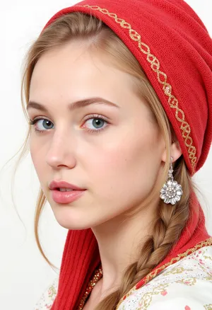 The face of a most beautiful girl, young, russian, pretty, very narrow face, skinny, skinny face, high forehead, powerful jaws, a prominent strong-willed chin, a straight nose, very large huge round blue eyes, blonde, white skin Portrait of a Russian beauty in national costume, lace filigree of bright, rich color. She suck huge mans cock. Super clear, highly detailed watercolor, glaze technique, plus colored alcohol ink, style of V. Vasnetsov