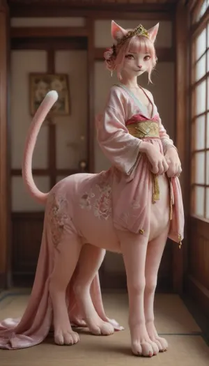 full body, 1girl, (pink furry feline female, feline_hybrid, furry, complete pink fur body, pink catears, pink eyes, catpaws, cat-tail, humantaur, flat-breasted, tall legs), Look at the viewer, ((gold tiara)), <lora:Realistic_Feline_Hybrids:.8>, ((pink Kimono and obiand Horse blanket)), <lora:Kimono:.8>, (from side), (pink longhair)