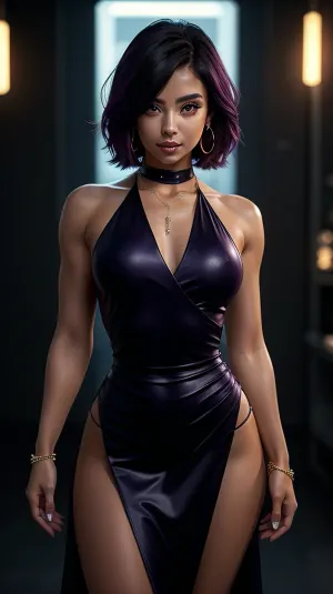 25 yo Spanish lesbian girlfriend on a dinner date wearing gorgeous long elegant dress with one high slit, ((lots of jewelry)), dark purple eye shadow, futuristic full wrap elegant clothing, small petite muscular body, short fancy hair, elegant pose, simple plain cyberpunk indoors background, sharp focus, ultra-realistic, photorealistic, depth of field, realistic style, dreamy sweet cute inviting seductive face, hyper quality, Bright color, mockup blind box futuristic style, fine luster, best quality, 8k, bright, frontlighting, Face Shot, ultra detailed, belly button ring piercing jewelry, <lora:muscle_slider_v1:1.3>