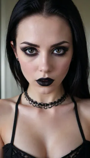 skinny white caucasian girl with dark straight long black hair without bangs, goth, punk rock style, she has extreme dark hazel eyes, wearing lots of black eye makeup with sharp black points at the corner of her eyes, dark lipstick, exposed breast, little breast, shaved pussy, she is exciting