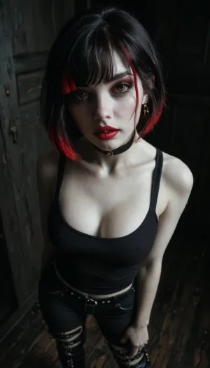 Slender 21yo woman, (bob cut black hair:1.3), (red highlights), Oval high cheekbone face. Wide jaw., (Pale skin:1.6), with soft features, heavy dark eyeliner and purple lip gloss.

Wide brown eyes, filled with devotion and submission, (Wearing black tank top, dark tight side laced leggings and high heel boots. Also wearing a thick black choker), Submissive body language, (Standing in a dirty dark bedroom), realistic detailed face, detailed hair, realistic detailed body, realistic detailed skin, realistic detailed breasts, realistic detailed pussy, random view angle, action pose, detailxl, <lora:add-detail-xl:1.5>, <lora:style_lora_realis:.5>, <lora:dark:.8>