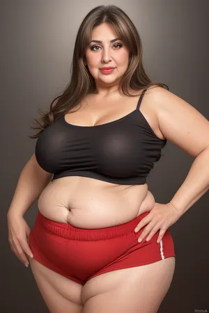 Lubica, 1gilf, Armenian, brunette hair with layered highlights, 60 years old, chubby face, fat, obese, ssbbw, plump, thick, saggy, light eyes, perfect eyes, tan skin tone, wrinkles, lick her lips by her tongue, plump lips, lips parted, FUPA, (blank black background), pubic hair, fat rolls, belly, sagging, red high-waisted shorts, camisole
