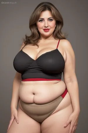 Lubica, 1gilf, Armenian, brunette hair with layered highlights, 60 years old, chubby face, fat, obese, ssbbw, plump, thick, saggy, light eyes, perfect eyes, tan skin tone, wrinkles, lick her lips by her tongue, plump lips, lipstick, lips parted, FUPA, cameltoe, (blank black background), fat rolls, belly, sagging, red high-waisted shorts, camisole