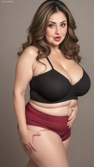Lubica, 1gilf, Armenian, brunette hair with layered highlights, 60 years old, chubby face, fat, obese, ssbbw, plump, thick, saggy, light eyes, perfect eyes, wrinkles, lick her lips by her tongue, plump lips, lipstick, lips parted, FUPA, cameltoe, (blank black background), fat rolls, belly, sagging, red high-waisted shorts, camisole