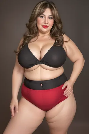 Lubica, 1gilf, Armenian, brunette hair with layered highlights, 60 years old, chubby face, fat, obese, ssbbw, plump, thick, saggy, light eyes, perfect eyes, wrinkles, lick her lips by her tongue, plump lips, lipstick, lips parted, FUPA, cameltoe, (blank black background), fat rolls, belly, sagging, red high-waisted shorts, camisole