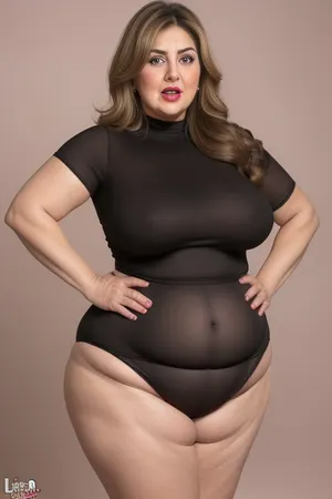 Lubica, 1gilf, Armenian, brunette hair with layered highlights, 60 years old, chubby face, fat, obese, ssbbw, plump, thick, saggy, light eyes, perfect eyes, wrinkles, lick her lips by her tongue, plump lips, lipstick, lips parted, FUPA, cameltoe, (blank black background), fat rolls, belly, sagging, red high-waisted shorts, leotard, curvy