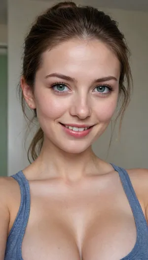 Full body shot, 28 year old woman, British American, Caucasian, light brown hair in a ponytail, pale fair skin, 5'4" tall, busty, covered breasts, (sagging breasts), thin, wearing a t-shirt and blue jeans, wide face, big chin, chin dimple, high prominent cheeks, cheek dimples, wide smile, nice lips, green eyes, acne scars, SaggySlimXL, uhang, yhang, <lora:updated_saggy_slim:1>