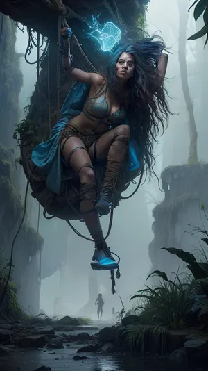 Here is Scene 2 of your Indiana Jones-style trilogy, ---

🌉 INDIANA 2 – “Trial of the Broken Bridge”

🎨 Prompt for Generator, A female very cute face explorer in torn khaki clothing clings to a fraying rope bridge suspended over a deep jungle ravine. The sky is stormy, lightning flashes behind distant cliffs. Below, the abyss disappears into mist. She dangles one-handed, whip wrapped around her waist, trying to climb up while arrows fly from jungle ruins on the other side. Her face is fierce, lips bloodied, hair wet and messy. One boot is missing. Behind her, part of the bridge collapses, wood splinters falling into the depths. In the background, half-visible figures in tribal masks watching from temple shadows. A glowing artifact tied to her belt radiates soft blue light — the only colored element in the otherwise desaturated scene. Style, high-drama adventure, gritty, cinematic. Color contrast, mostly grayscale with one magical blue glow.




---

Do you want to continue to Scene 3 – the final escape or confrontation? Or shall I expand this one with more mystical elements?