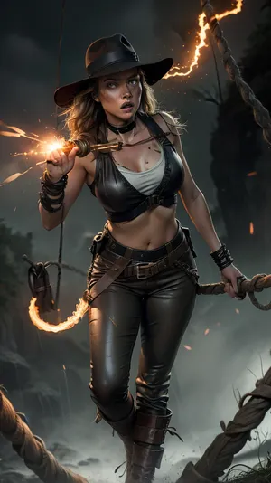 ---

🌉 Scene 5, “Rope Bridge Duel” – Fight for the Relic

Prompt, (English), A fearless female explorer styled like Indiana Jones is fighting for her life on a fraying rope bridge suspended high above a deep jungle gorge. She wears a dusty leather fedora, torn khaki shirt open at the collar, a leather whip coiled at her side, and combat-worn pants with one leg ripped. Her face and chest are streaked with mud and sweat.

She's in a fierce duel against a masked cult warrior wielding a curved blade. The ropes of the bridge creak and snap under their weight. Her shirt flutters in the wind, revealing a toned midriff. She balances barefoot on the slippery ropes, holding a glowing orange crystal in her hand — the only colored element in the scene.

The rest of the image is gritty black-and-white, stormy clouds overhead, swirling mist below, and dense jungle cliffs on both sides. One rope is torn, parts of the bridge hanging dangerously. The orange glow of the relic reflects on her skin and illuminates her determined expression. Sparks fly from clashing steel.




---

🔑 Key details, Grayscale jungle, sky, mist, and ropes

Only one element in color, the glowing orange relic in her hand

Dirty, fierce, heroic female version of Indiana Jones

Bridge is high, frayed, stormy tension everywhere

Action-focused, mid-fight, hair flying, movement frozen in cinematic detail



---




---
