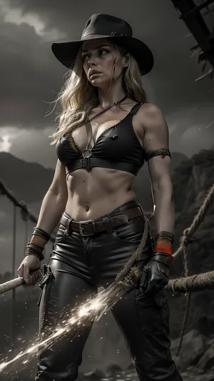 ---

🌉 Scene 5, “Rope Bridge Duel” – Fight for the Relic

Prompt, (English), A fearless female explorer styled like Indiana Jones is fighting for her life on a fraying rope bridge suspended high above a deep jungle gorge. She wears a dusty leather fedora, torn khaki shirt open at the collar, a leather whip coiled at her side, and combat-worn pants with one leg ripped. Her face and chest are streaked with mud and sweat.

She's in a fierce duel against a masked cult warrior wielding a curved blade. The ropes of the bridge creak and snap under their weight. Her shirt flutters in the wind, revealing a toned midriff. She balances barefoot on the slippery ropes, holding a glowing orange crystal in her hand — the only colored element in the scene.

The rest of the image is gritty black-and-white, stormy clouds overhead, swirling mist below, and dense jungle cliffs on both sides. One rope is torn, parts of the bridge hanging dangerously. The orange glow of the relic reflects on her skin and illuminates her determined expression. Sparks fly from clashing steel.




---

🔑 Key details, Grayscale jungle, sky, mist, and ropes

Only one element in color, the glowing orange relic in her hand

Dirty, fierce, heroic female version of Indiana Jones

Bridge is high, frayed, stormy tension everywhere

Action-focused, mid-fight, hair flying, movement frozen in cinematic detail



---




---
