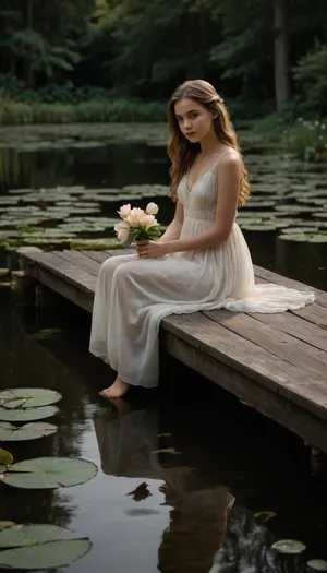 A serene scene depicting a young girl sitting on a wooden dock by a tranquil pond, surrounded by lush greenery. She is dressed in a flowing, light-colored dress, holding a bouquet of flowers. The water reflects her image and the surroundings, with lily pads and blooming water lilies adding to the picturesque setting. The atmosphere is peaceful and dreamy, capturing the beauty of nature.