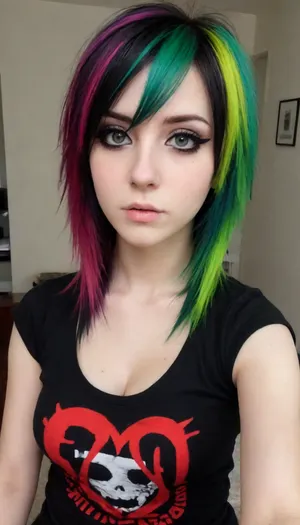 ziprealism, (medium full shot, high angle shot, focus on eyes), sharp focus, (perfect eyes, stunning eyes, vivid eyes:1.4), (emo girl, emo hairstyle, two-tone hair, alt girl, emo style, emo esthetic, band t-shirt, tight tahirt:1.6), (intimate bedroom scene, pouting expression, off the shoulder), (large breasts, soft breasts, pale breasts, cleavage:1.4), <lora:add-detail-xl:1.2>, igbaddie, <lora:igbaddie-XL:.4>