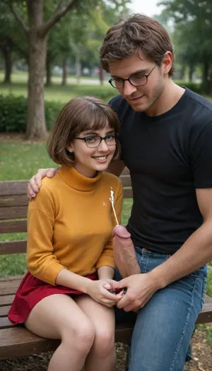 brunette petite velma sitting on tall mans lap on a bench in a park, petite woman, short woman, 47in, velma is haf his size, big tits, huge boobs, she is holding the mans big cock in her hand, their faces are next to each other, she is smiling to the camera, the man has his pants pulled down a bit, just to reveal his large cock, erection, cumshot, cum on cock, she has one of her huge boobs out, ohwx, woman, <lora:PetiteNymphet_SDXL_v1.0:1.3>, <lora:tiny_people:.8>