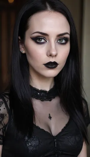 skinny white caucasian girl with dark straight long black hair without bangs, goth, punk rock style, she has extreme dark hazel eyes, wearing lots of black eye makeup with sharp black points at the corner of her eyes, dark lipstick