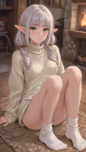 1. The elf girl Freeren from the anime is a miniature elf with green eyes, thick eyebrows and long silver hair parted in the middle and gathered in two high ponytails. Like all elves, she has large pointed ears. She is sitting on the carpet on the floor, sideways to the fireplace, the fireplace is burning, she is wearing a long knitted sweater, her small breasts are sticking out from under the sweater, her nipples are tense, her legs are bare, her legs are spread, her panties are visible, and she is wearing warm socks. Her legs are bent at the knees and her arms are wrapped around her knees. The room is decorated in a medieval style and is located in the village., <lora:outline_xl_kohaku_delta_spv5x:1.3>, <lora:NEOTOKIOXL_0.2_RC:.7>, <lora:Ppolar-P3v1-NbVp10:.7>, <lora:one breast out XL:2>, <lora:cartoon_stickers_xl_v1:.5>