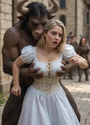 huge minotaur, (several minotaurs), (huge minotaur:1.5), minotaur bigger than woman, fighting, knight, medieval, 2 women, black hair blonde woman wearing colored medieval dress, courtyard, minotaur grabs woman from behind, tearing clothes, groping, screaming, (scared expression), struggling, (grabbing), variable view, side angle, variable shot, <lora:654057_training_data:1.5>