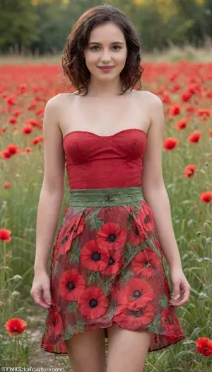 "Design a character inspired by Maková panenka, reimagined as a charming and vibrant figure in her mid-20s. She is a petite, graceful young woman with delicate features and a warm, friendly smile. Her hair is deep red, resembling the petals of a poppy flower, and falls in soft, wavy layers around her face and shoulders. Small poppy blossoms and green leaves are woven into her hair, adding to her connection with nature. Her outfit is inspired by the poppy flower, a flowing, petal-like dress in vivid shades of red and black, with soft green accents to mimic the poppy’s stem and leaves. The skirt of her dress flutters like flower petals in the breeze, giving her a light, ethereal appearance. She wears simple green slippers, reflecting her roots in the natural world. Maková panenka’s expression is lively and curious, with sparkling eyes that convey her playful and kind-hearted personality. Place her in a lush meadow filled with vibrant red poppies, tall grasses, and golden sunlight. Surround her with small creatures, like butterflies or ladybugs, emphasizing her harmony with her floral surroundings. The scene should feel colorful, warm, and slightly magical, capturing her as a radiant symbol of nature and beauty.", skirt, lift, h41ry, RedRealStockings, <lora:skirtLift:.5>, <lora:h41ry:.5>, <lora:RedRealStockings_XL:.5>