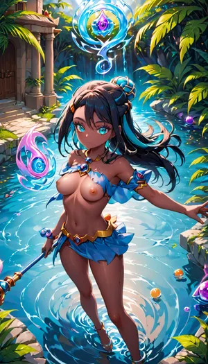 Nessa X Dark Magician Girl fusion. Nessa fused with Dark Magician Girl, Black Hair, Dark Brown Skin, Ripped Dark Magician Outfit, Revealing Breasts, Magic Staff, Glowing blue eyes, Slender Body, Medium Breasts, Perfect eyes, Sexy Pose, Solo_Focus, Water Temple Background, (((Magic Staff:1.2))), Above View, Water Magic In Hands, Water Swirling around Nessa, nessa, (pokemon), rurina, <lora:nessa-xl-000023:.8>