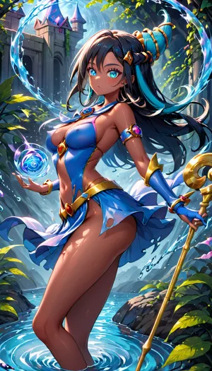 Nessa X Dark Magician Girl fusion. Nessa fused with Dark Magician Girl, Black Hair, Dark Brown Skin, Ripped Dark Magician Outfit, Revealing Breasts, Magic Staff, Glowing blue eyes, Slender Body, Medium Breasts, Perfect eyes, Sexy Pose, Solo_Focus, Water Temple Background, (((Magic Staff:1.2))), Side View, Water Magic In Hands, Water Swirling around Nessa, nessa, (pokemon), rurina, <lora:nessa-xl-000023:.8>