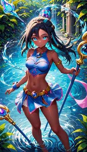 Nessa X Dark Magician Girl fusion. Nessa fused with Dark Magician Girl, Black Hair, Dark Brown Skin, Ripped Dark Magician Outfit, Revealing Breasts, Magic Staff, Glowing blue eyes, Slender Body, Medium Breasts, Perfect eyes, Sexy Pose, Solo_Focus, Water Temple Background, (((Magic Staff:1.2))), Above View, Water Magic In Hands, Water Swirling around Nessa, nessa, (pokemon), rurina, <lora:nessa-xl-000023:.8>