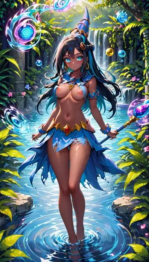 Nessa X Dark Magician Girl fusion. Nessa fused with Dark Magician Girl, Black Hair, Dark Brown Skin, Ripped Dark Magician Outfit, Revealing Breasts, Magic Staff, Glowing blue eyes, Slender Body, Medium Breasts, Perfect eyes, Sexy Pose, Solo_Focus, Water Temple Background, (((Magic Staff:1.2))), (((Water Magic:1.2))), (((Revealing Breasts:1.2))), Dynamic View, Water Magic In Hands, Water Swirling around Nessa, nessa, (pokemon), rurina, <lora:nessa-xl-000023:.8>