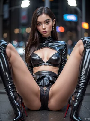 hyper detailed hyper realistic natural petite cutie, 18 years old beautiful model, extremely gorgeous, dressed, lace stockings, a long black leather blazer, knee socks with frills and ribbons, long very shapely legs, high heels, (fine detail heels, louboutin heels), (visible shaved pussy), no panties, legs spread, legs apart, pussy visible, clip, in a rainy futuristic city street at night, dim street lights shining, perfect composition of lights and shadows, warm lights, the brightest image, crystal clear focus, (skirt, lift:1.2), (super vivid colours:1.2), (thin waist), (), ((super detailed professional photography)), photorealism, DSLR camera, best quality, best resolution, with UHD resolution, perfect composition of light and shadows, clear focus, depth of field, skinny, perfectly detailed skin texture, 32k, 50 mm lens, 1/250 s, f/2.8, ISO 300, big tits, perfect lights, detailxl, res, raw, photo, epiCNegative, m3tall1c, makeup, portrait, close-up, metallic, eyeshadow, <lora:weight_slider_v2:-1>, <lora:detail_slider_v4:.1>, <lora:m3tall1c:.1>, <lora:pokies_9:.1>, <lora:撩起齐逼短裙看蕾丝内裤:.3>