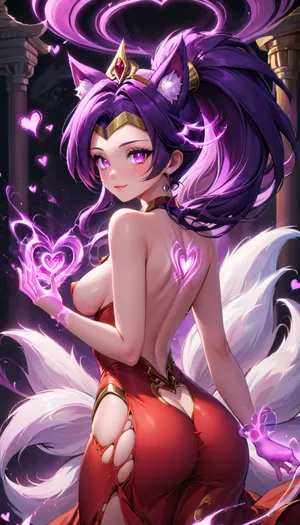 Shantae X Ahri fusion. Shantae fused with Ahri from League of Legends, Dark Purple Hair Hair, Ponytail, Tiara, Fox Tails, Fox Ears, Ripped Red Flowery Korean Dress, Revealing Breasts, Glowing Purple eyes, Slender Body, Medium Breasts, Perfect eyes, Perfect Hands, Seductive Expression, Sexy Pose, Solo_Focus, Love Temple Background, Pink Heart, (((Fox Tails:1.2))), (((Revealing Breasts:1.2))), Back View, Glowing Pink Magic in hands