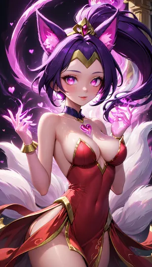 Shantae X Ahri fusion. Shantae fused with Ahri from League of Legends, Dark Purple Hair Hair, Ponytail, Tiara, Fox Tails, Fox Ears, Ripped Red Flowery Korean Dress, Revealing Breasts, Glowing Purple eyes, Slender Body, Medium Breasts, Perfect eyes, Perfect Hands, Seductive Expression, Sexy Pose, Solo_Focus, Love Temple Background, Pink Heart, (((Fox Tails:1.2))), (((Revealing Breasts:1.2))), Back View, Glowing Pink Magic in hands
