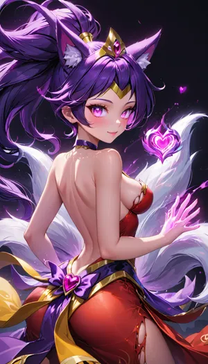 Shantae X Ahri fusion. Shantae fused with Ahri from League of Legends, Dark Purple Hair Hair, Ponytail, Tiara, Fox Tails, Fox Ears, Ripped Red Korean Dress, Flower Design on Dress, Revealing Breasts, Glowing Purple eyes, Slender Body, Medium Breasts, Perfect eyes, Perfect Hands, Seductive Expression, Sexy Pose, Solo_Focus, Love Temple Background, Pink Heart, (((Fox Tails:1.2))), (((Revealing Breasts:1.2))), Back View, Glowing Pink Magic in hands