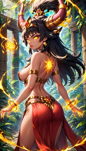 Chel X Alexstrasza fusion. Chel from Road to El Dorado fused with Alexstraza, Long Black Hair, Dragon Woman, Revealing Breasts, Glowing Yellow eyes, Slender Body, Medium Breasts, Perfect eyes, Perfect Hands, Seductive Expression, Sexy Pose, Solo_Focus, Aztec Temple Background, (((Long Black Hair:1.2))), (((Revealing Breasts:1.2))), Back View, Glowing Red Magic in hands
