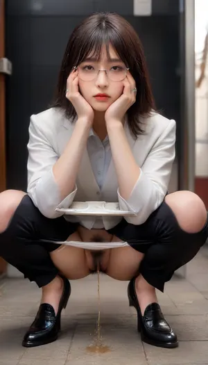 traditional Chinese squat toilet, ceramic, floor-level, no flush valve, highly detailed face, sharp facial details, realistic skin texture, natural lighting on face, (submissive facial expression:1.1), A Chinese woman, 30 years old, (professional appearance, wearing business attire:1.2), (professional female shoes, black pants and white underpanties pulled down to knees:1.4), (squatting on a traditional Chinese squat toilet:1.4), (ceramic, floor-level, no flush valve), (naturally urinating， urinating revealing hairy pussy and hips:1.4), slightly leaning forward, wearing glasses, wearing a wedding ring on left hand, wearing a lady's watch on right wrist, (holding a smartphone with both hands while looking at it:1.5), (arms rest on knees:1.3), (explicit view of private area with thick pubic hair:1.9), (unaware of being watched, looking at her smartphone:1.3), (ground-level near-surface upward voyeuristic perspective:2.5), (front view:1.8), realistic style, high detail, cinematic lighting, ultra-detailed, photorealistic, 8k resolution, natural skin texture, anatomically accurate, clear facial features, realistic Asian facial characteristics, relaxed expression, looking away, liu yifei, nini, shishi, ni ni, gao yuanyuan, cn1960s, <lora:actress_ej_JuggXL_3:.6>, <lora:cn1960s_v1.0:1.3>