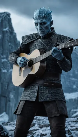 The Night King, ((He plays the guitar vigorously)), in Winterfell, White Walkers background, missagot, in, the, style, MinG0t