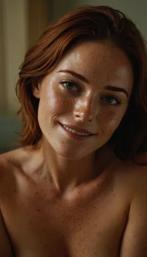 1woman, student, well build body, communist workers, lots of freckles face, lots of freckles head, lots of freckles body, no makeup, very oiled skin, horny face, cute smile, hypnotized eyes, perfect eyes, winks eyes, absolutely naked, very much want have sex