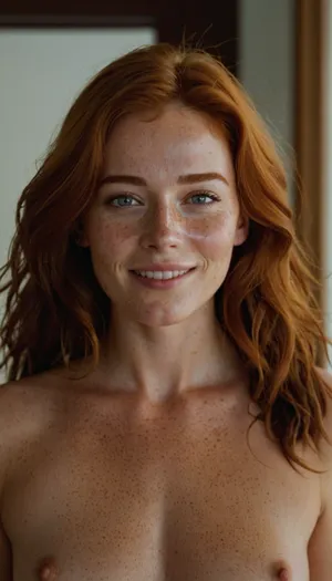 1woman, student, well build body, communist workers, lots of freckles face, lots of freckles head, lots of freckles body, no makeup, very oiled skin, horny face, cute smile, hypnotized eyes, perfect eyes, winks eyes, absolutely naked, very much want have sex