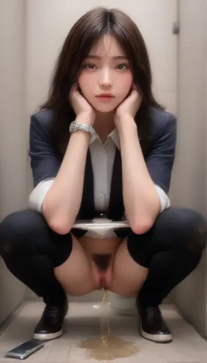 (ground-level near-surface upward voyeuristic perspective:2.5), (front view:1.8), ， traditional Chinese squat toilet, ceramic, floor-level, no flush valve, highly detailed face, sharp facial details, realistic skin texture, natural lighting on face, (submissive facial expression:1.1), A Chinese woman, 30 years old, (professional appearance, wearing business attire:1.2), (professional female shoes, black pants and white underpanties pulled down to knees:1.4), (squatting on a traditional Chinese squat toilet:1.4), (ceramic, floor-level, no flush valve), (naturally urinating， urinating revealing hairy pussy and hips:1.4), slightly leaning forward， wearing a lady's watch on right wrist, (holding a smartphone with both hands while looking at it:1.5), (arms rest on knees:1.3), (explicit view of private area with thick pubic hair:1.9), (unaware of being watched, looking at her smartphone:1.3), realistic style, high detail, cinematic lighting, ultra-detailed, photorealistic, 8k resolution, natural skin texture, anatomically accurate, clear facial features, realistic Asian facial characteristics, relaxed expression, looking away, liu yifei, nini, shishi, ni ni, gao yuanyuan, <lora:actress_ej_JuggXL_3:.6>
