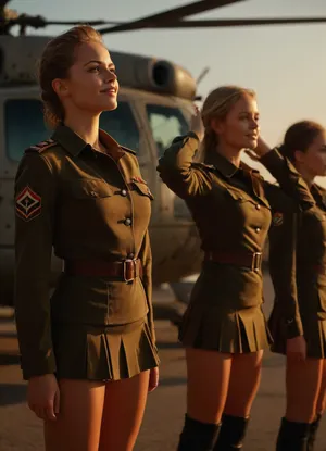 ((3/4-body view from diagonally below)), sunny windy day, tanned beautiful women in identical military uniforms saluting a military salut, beautiful 19 years old tanned russian women in identical military uniforms standing at attention in a row next to each other in one direction on a helicopter landing pad saluting with their right hands, military salut with right hand, military boots, standing at attention, long legs straight together, upright, ((tight military blouses:1.3)), ((high blowing extremely short military miniskirts show womens´s naked shaved pussies to some extent:1.3)), ((deeply tanned)), attractive girls, slim bodies, medium breasts, narrow bottoms, thigh gaps, narrow waists, shaved pussies, slender bodies, shy smile, covered, nipples, clothes, <lora:MJ52:.6>, <lora:334932_training_data:1>, <lora:Picture_enhancer:.6>