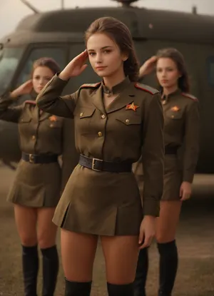 bright sunny windy day, very beautiful slim young female Russian soldier girls in identically military uniforms with tight military blouses and extremely short military miniskirts and military boots standing in a straight row saluting with their right hand on the forehead on a helicopter landing ped, standing in a straight row at attention, military salut, sunny windy day, wind blows up their miniskirts exposing their naked shaved pussies, pantieless, naked shaved pussies, medium breasts, attractive girls, 19yo, very beautiful faces, athletic slim bodies, long legs, tanned, clothes, Soviet, Military, uniform, windyupskirt, <lora:MJ52:.5>, <lora:334932_training_data:1.2>, <lora:SDXL 50Soviet Military uniform-000003:.8>, <lora:windyupskirt_SDXL:.5>
