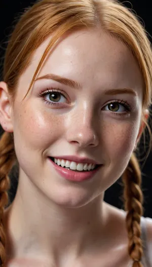 score_9, black backround, upper portrait, female, (light ginger hair:1.2), low twintails, short twintails, soft freckles, pointy nose, oval face, mole under eyes, smile lines, licking tip of penis, detailxl