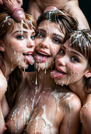 Three women, sloppy french kissing, smiling, eyes open, (Cum details), realistic cum, Prominent cum, (white cum), cum on, (Cum flows), (cum on body), cum on head, (cum on face), ((body covered with cum)), black room, black background, face, Face covered in cum, (A lot of cum), 3+men, surrounded by dicks, bukkake, cum, (styles and tinkerbell and Anna from frozen), <lora:JustCum:1.9>, <lora:cum_in_eye_deepmind:1.9>, <lora:MS_Real_XL_Bukkake:1.9>